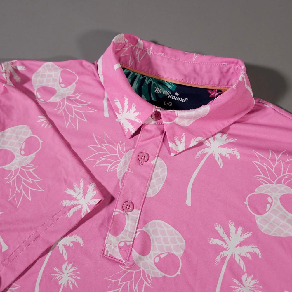 Birdie‎ Bound Golf Polo Mens L Pink Pineapple Palm Tree Tropical Stretch Shirt